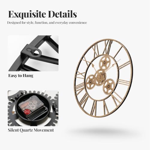 Cuspin 24 Inch Wall Clock with Gears, Industrial Metal Clock, Antique Gold - Image 6