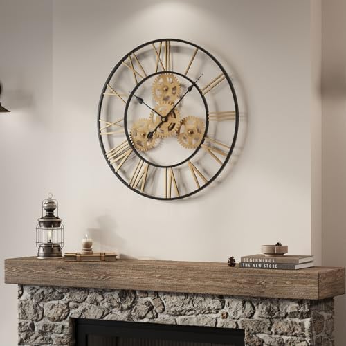 Cuspin 24 Inch Wall Clock Black Gold Industrial Metal Gear Decorative Clock - Image 7