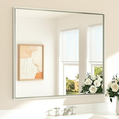 TETOTE Bathroom Mirror for Over Sink Brushed Nickel Beveled Frame 42" x 36" by TETOTE