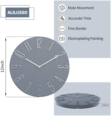 12 Inch Wall Clock Silent Non Ticking, 3D Relief Numbers Modern Style Decor - Image 2