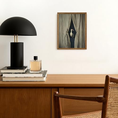 AVECCO Vintage Striped Curtain Moody Crane Wall Art Canvas Framed 8x10 in - Image 2