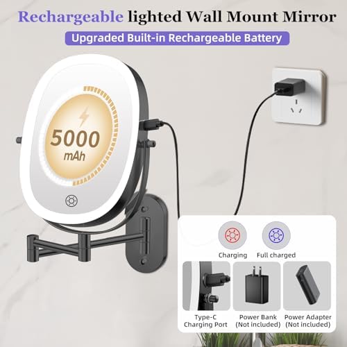 FUNTOUCH 5000mAh Rechargeable Wall Mounted Lighted Makeup Mirror - Image 2