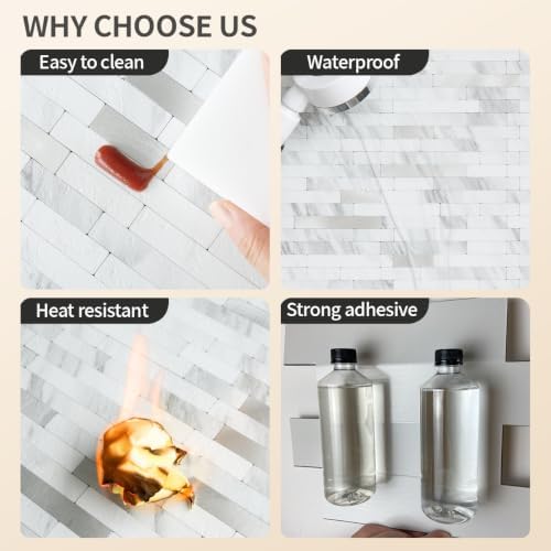 DICOFUN 2 Sheets White Peel and Stick Backsplash Tile, Faux Stone PVC Mixed - Image 5