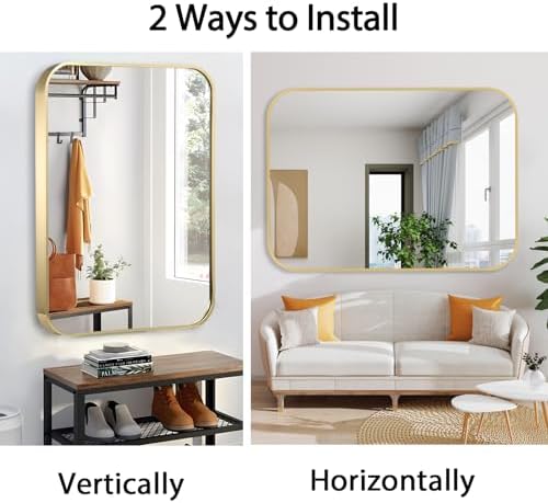 26x38 Inch Gold Bathroom Mirror, Brushed Brass Gold Metal Framed Rectangular - Image 6