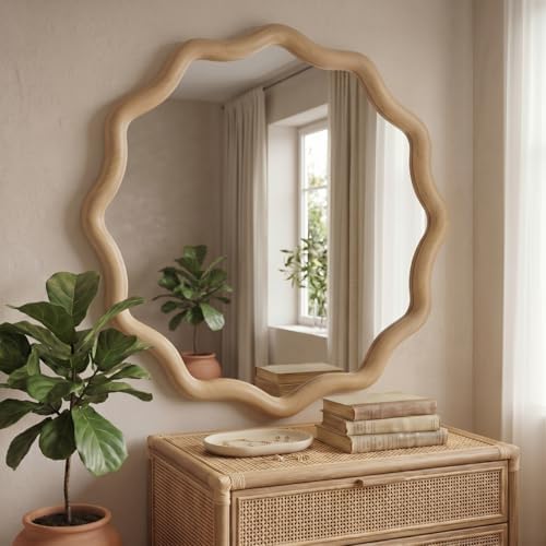 Vercraft 36" Scalloped Wood Wall Mirror, Boho Wall Decor by Vercraft