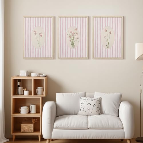 Pink Flower Wall Art Striped Floral Prints Botanical Canvas Wall Decor - Image 4