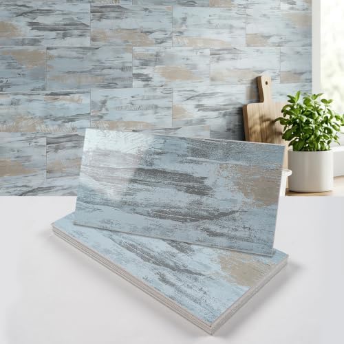 6" x 12" Aged Teal Peel and Stick Backsplash Wall Tiles, PVC Faux Stone Stick by V-MOZZA