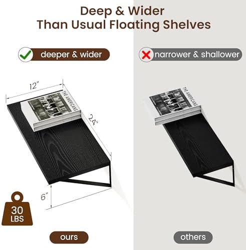 Axeman Deep Floating Shelves Black- 24 Inch Wide x 12 Inch Deep Wall Shelves - Image 3
