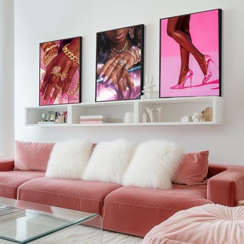 Pink Fashion Black Girl Canvas Wall Art Set of 3 African American Black Woman - Image 4