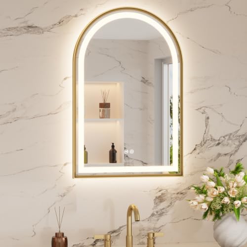 Keonjinn 20x30 Inch Gold Arched LED Bathroom Mirror, Frontlit & Backlit by Keonjinn