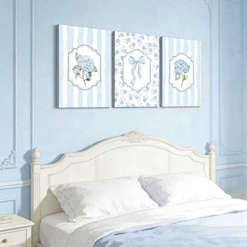 3Pcs Blue Hydrangea Canvas Wall Art Trendy Light Blue Striped Watercolor Bow - Image 4