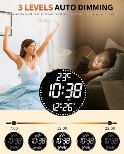 12" Large Digital Wall Mount Clock, 12 RGB Color Alarm - Image 5