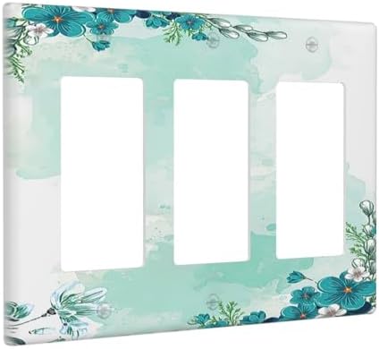 Light Switch Covers Blue Green Flowers Light Green Watercolor Patterns 3 Gang - Image 2