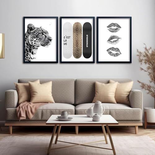 Framed Stockholm Style Canvas Wall Art Set of 3 Black and White Fashion Leopard - Image 4
