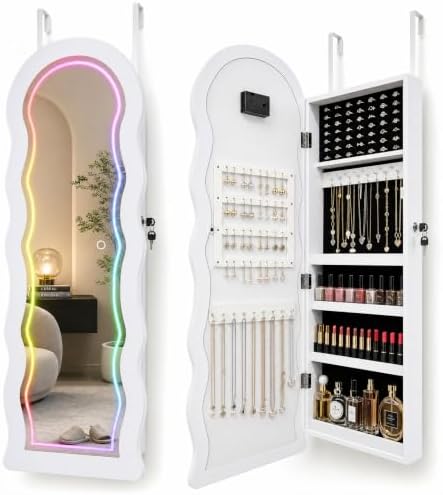 Fiqevs Wall/Door Mirror Jewelry Cabinet, Remote Control RGB Light Mirror by Fiqevs