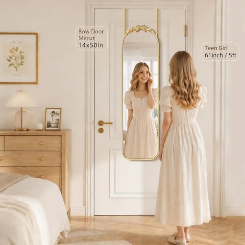 Besdomus Door Mirror Full Length: 14"x50" Gold Bow Over The Door Hanging - Image 3