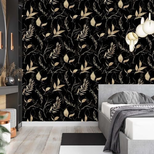 Dark Black and Gold Leaf Peel and Stick Wallpaper 17.7" x 354" - Image 5