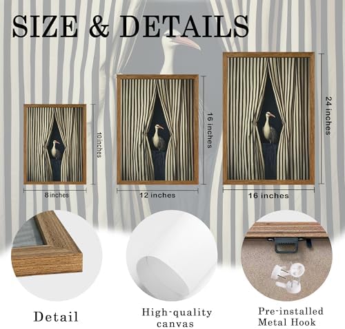 AVECCO Vintage Striped Curtain Moody Crane Wall Art Canvas Framed 16x24 in - Image 6