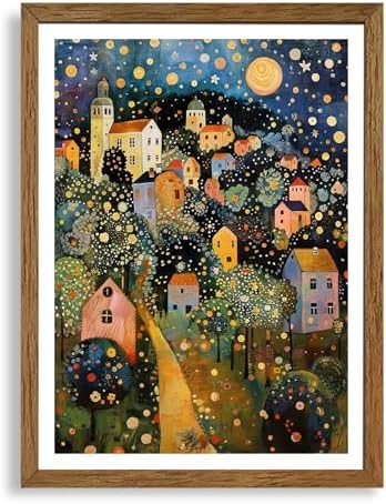 AVECCO Gustav Klimt Style Village Night Wall Art Framed Canvas 12x16 Inch by Unknown