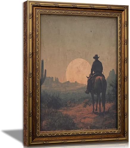 Vintage Gold Framed Western Wall art, Cowboy Riding Away Oil Painting Canvas by JPDSIIPXZwallart