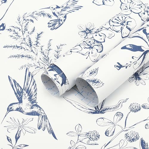Safiyya Peel and Stick Modern Wallpaper Floral Birds Contact Paper Blue and by SAFIYYA