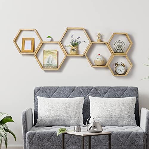 Hexagon Floating Shelves Set of 6, Honeycomb Wall Shelf, Light Brown - Image 5