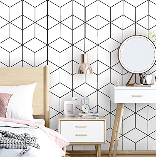 393"x17.3" Wallpaper Geometric Peel and Stick Wallpaper White and Black Contact by SAFIYYA