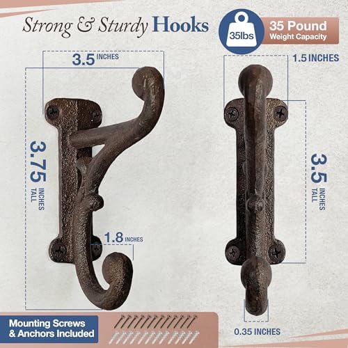 Rustic Cast Iron Coat Hooks Rustic Dark Brown, Wall Mounted, Farmhouse - Image 3