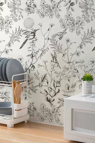 Safiyya Peel and Stick Wallpaper Floral Birds Contact Paper Black and White - Image 3