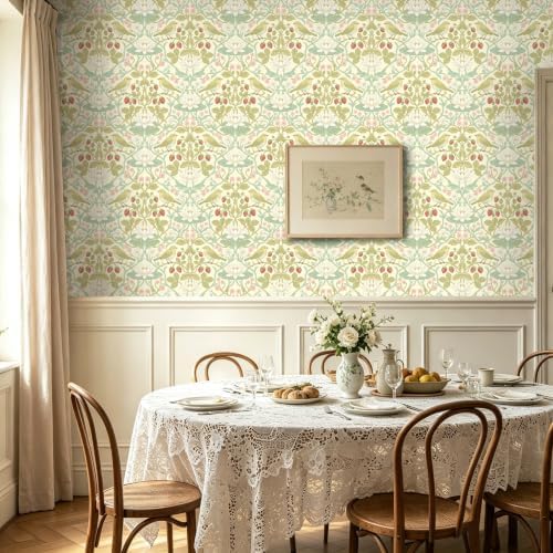 BOKEBEVE Bird Floral Wallpaper Peel Stick Beige Yellow Green 17.5 x 118In - Image 3