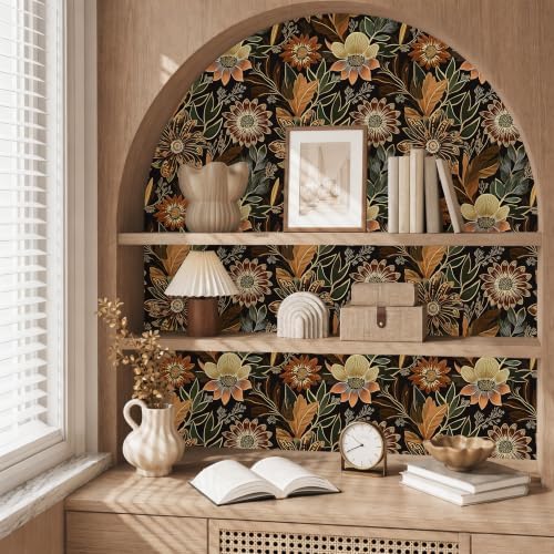 Laatse Boho Dark Black Gold Floral Wallpaper Peel and Stick 17.5"x118" - Image 5