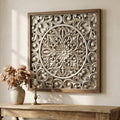 XIAOAIKA Boho Carved Wood Wall Art Panel, Floral Mandala, Distressed Silver by XIAOAIKA