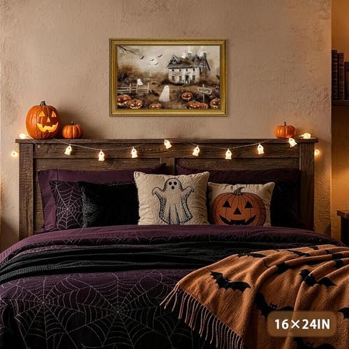 AVECCO Halloween Haunted House Ghost Wall Art Canvas Framed 12x16 in - Image 2