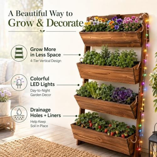 4ft 4-Tier Lighted Wall-Leaning Wooden Vertical Garden Planter - Image 6