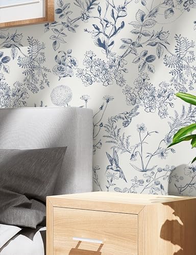 Safiyya Peel and Stick Modern Wallpaper Floral Birds Contact Paper Blue and - Image 4