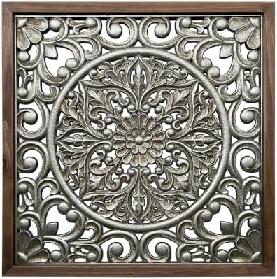 XIAOAIKA Boho Carved Wood Wall Art Panel, Floral Mandala, Distressed Silver - Image 7