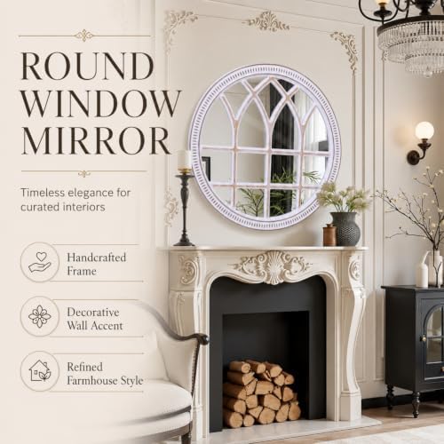 Round Window Mirror Wood 30 Inch Rustic Farmhouse Wall Mirrors - Image 2