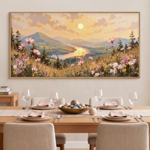 LHIUEM Large Boho Sunset Wildflower Framed Canvas Wall Art -20"x40"x1 - Image 3