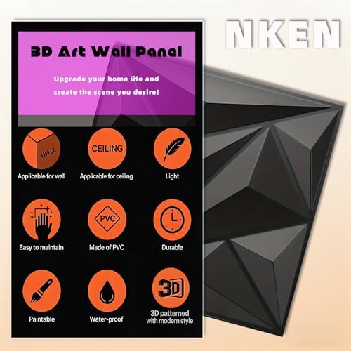 3D Wall Panels 33 Pack, 12×12 Inch Black Diamond Textured PVC Wall Panels - Image 6