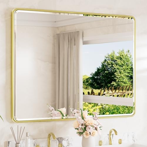TETOTE Brushed Gold Wall Mirror 48 x 36 Beveled Edge Tempered Glass, Rounded by TETOTE