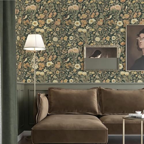 Jeweluck Dark Green Floral Peel and Stick Wallpaper Vintage 16.9" x 393.7" - Image 4