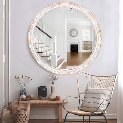 30 Inch Round Wood Mirror, Rustic Farmhouse Decorative Wall Mirror by BaroqueFarmhouseWallMirro