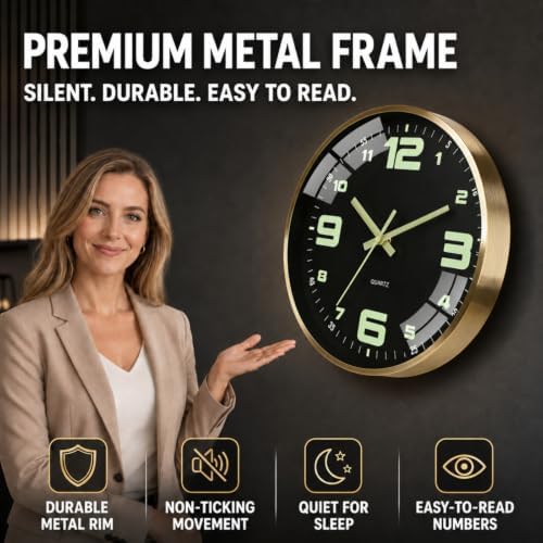 Wall Clock 12 Inch Luminous Silent Large Numerals Black, Metal Frame 1-Pack - Image 3