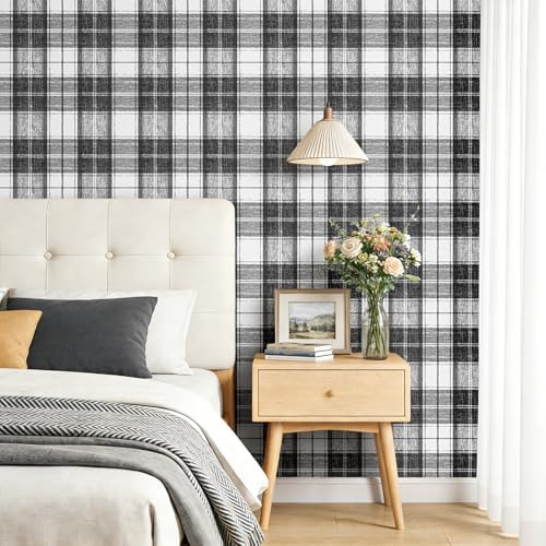 Livelynine 17.5x276 Plaid Peel and Stick Wallpaper Black and White Gingham - Image 2