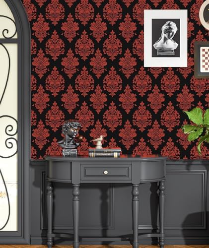 BOKEBEVE Vintage Floral Wallpaper Peel and Stick Burgundy Red 17.5 x 118In - Image 2