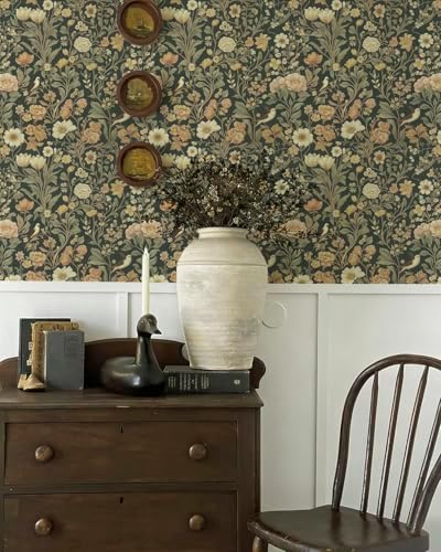 Jeweluck Dark Green Floral Peel and Stick Wallpaper Vintage 16.9" x 196.8" - Image 2