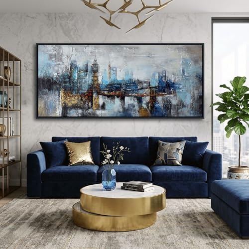 Large Wall Art for Bedroom Abstract City View Canvas Art Gray Blue Buildings by Pogusmavi