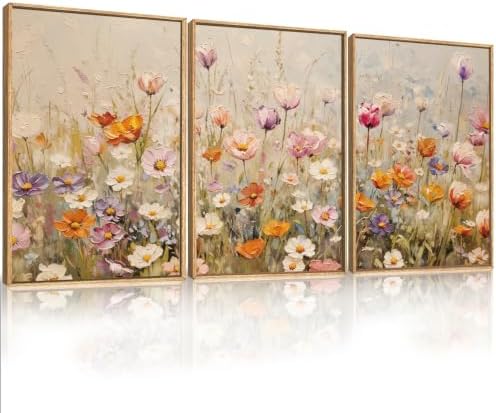 Large Nature Wildflowers Framed Canvas Wall Art, Vintage Daisy Painting by Unknown
