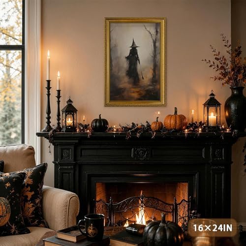 AVECCO Halloween Witch Broomstick Forest Wall Art Canvas Framed 8x10 inch - Image 2