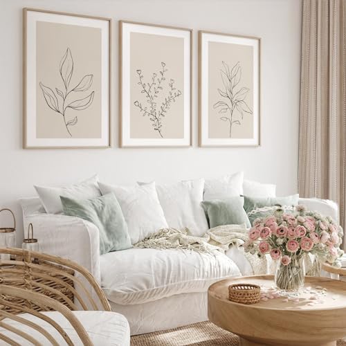 Botanical Wall Art Decor Set of 3 Neutral Wall Decor Boho Beige Canvas Wall Art - Image 3